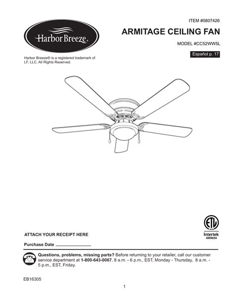 com/<b>harborbreeze</b> HARDWARE CONTENTS Motor Screw (preassembled to Motor Assembly (E)) Qty. . Harbor breeze ceiling fan manuals